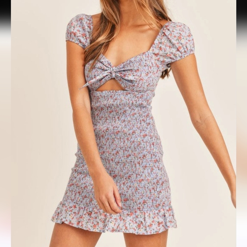 Mable Floral Print Smocked Tie Front Summer Dress S Ruffle Hem